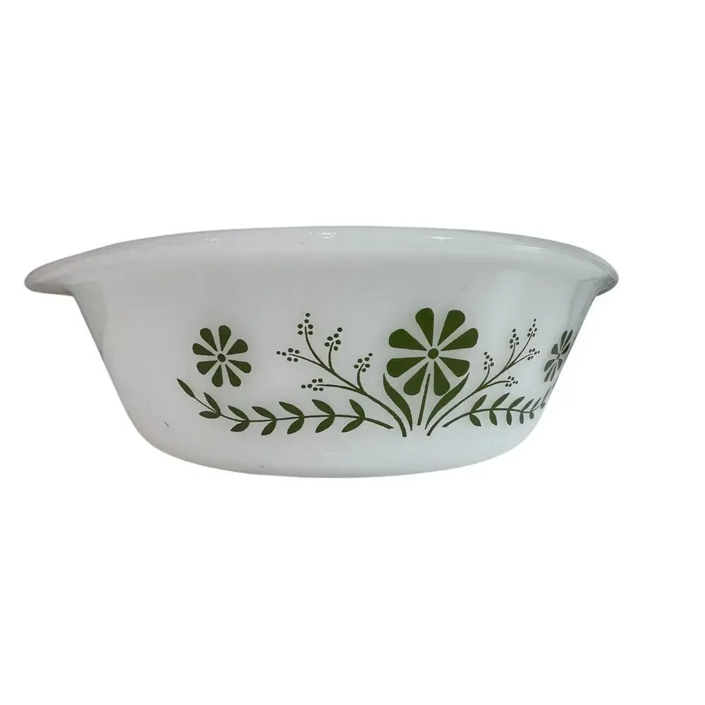 Vintage Glasbake Green Daisy 1 1/2 Quart Milk Glass Round Casserole Dish